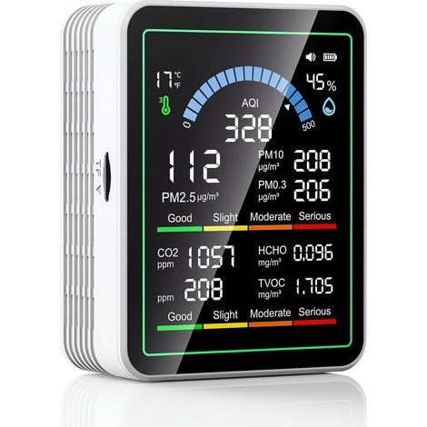 Tragbarer 10-in-1-Raumluftqualitätsmonitor: Misst CO₂, VOCs, Formaldehyd, Temperatur, Luftqualitätsindex (AQI), Feinstaub (PM0,3–1) und Luftfeuchtigkeit. Ideal für Zuhause, Auto, Haustiere und Hotels.