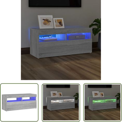 The Living Store TV-Schrank mit LED-Leuchten Grau Sonoma 90x35x40 cm - TV Schrank - Holzwerkstoff Möbel - Grauer Wohntisch - Regal Mit Beleuchtung - RGB LED (1/5)