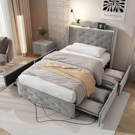 Upholstered Bed, Storage Bed, 3FT single bed 90x190cm, With 4 drawers and Lamp, 3 USB port+1 Type C, Durable and Sturdy, Youth bed, for adults & teenagers, Velvet, Grey