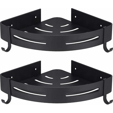 Etagére Douche d'angle Noir sans Perage Rangement Salle de Bain Douche Accessoire Salle de Bain Support Porte Savon Douche Aucun Antirouille en Aluminium Lot de 2 avec Crochets (1/4)
