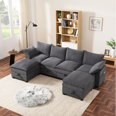 Divano angolare modulare con pouf, USB, vani portaoggetti e portabicchieri grigio DESVIAE (1/5)