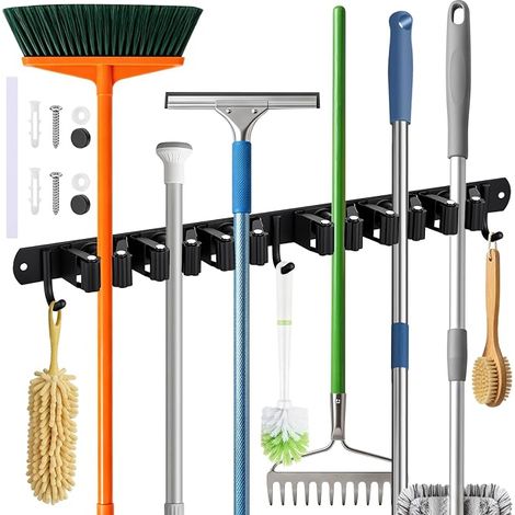 Accroche Balai Mural en Inox avec 6 Supports et 3 Crochet, Noir (1/5)