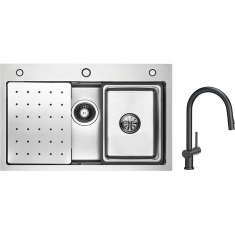Cecipa Lavello 1 Vasca 70×45 cm con Gocciolatoio, Vaschetta e Dosatore Sapone + Miscelatore Cucina con Doccia Estraibile con 2 Tipi di Getti (1/5)
