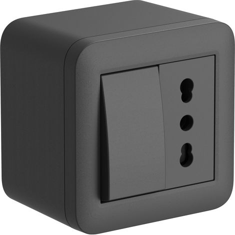 Contenitore da superficie con presa bivalente e interruttore/ deviatore FIXA, nero, IP40, compatibile per installazione con tubo rigido e canalina