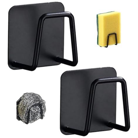 Lot de 2 porte-éponges autocollants en acier inoxydable, accessoires pour évier, cuisine (Noir) Produit pratique pour la maison et l (1/4)