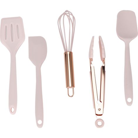 Kit Outils Cuisine Silicone - 5 Pièces - Spatule - Batteur À Œufs - Grattoir Angle Droit - Spatule Langue De Canard - Pince À Aliments - Poignée Rose - 253 G (1/5)