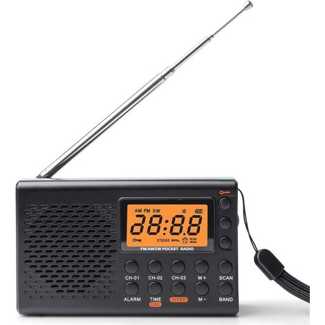 Radio Portable AM/FM/SW avec écran LCD, Fonctionne sur Piles, Haut-Parleur intégré, Alarme, minuterie, Prise Casque et 35 Stations préréglées. (1/5)