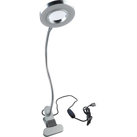 Lampe de bureau LED à clip de protection oculaire argentée avec anneau USB pour la lecture et l'apprentissage, lumière d'appoint et variateur pour une meilleure protection oculaire. (1/5)