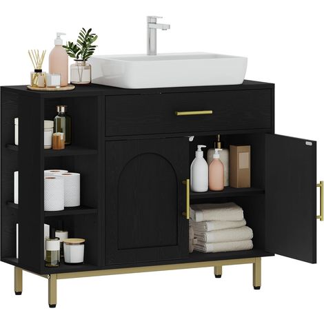 Meuble bas de salle de bain 30x80x64 cm – 1 tiroir – 2 portes – Compartiment triple – Panneau MDF et pieds en métal (1/5)