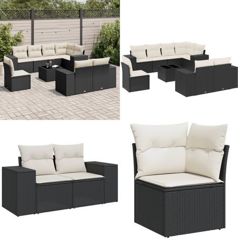 9-tlg. Garten-Sofagarnitur mit Kissen Schwarz Poly Rattan - Gartenmöbel Set - PE-Rattan Möbel - Outdoor Lounge - Esstisch - Sofasatz - Home & Living (1/5)