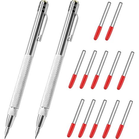 Lot de 2 pointes en carbure de tungstène avec 12 pointes de marquage de rechange, stylo de gravure en carbure magnétique en aluminium avec clip, stylo de gravure en métal pour verre/céramique (1/5)