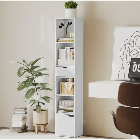 MEUBLIV Librería estrecha de 6 niveles blanca con cajón, armario y balda ajustable (1/5)