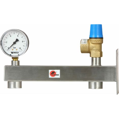 Grupo de seguridad de acero inoxidable de 8 bares para agua caliente sanitaria con válvula de seguridad y manómetro. (1/4)