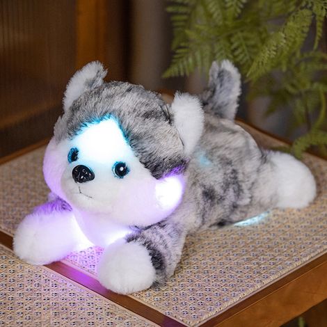 Poupée Lumineuse - Peluche Husky LED Multicolore - Coussin Décoratif pour Canapé - Fonction Minuterie Auto-Extinction - Taille 35 cm - 1 Pièce (1/5)