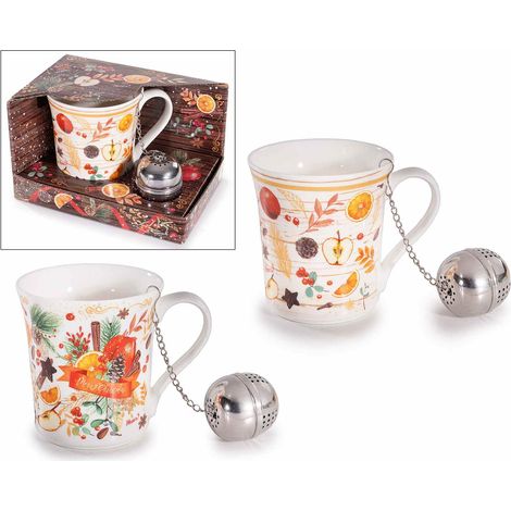 Tasses de Noël en porcelaine motif gourmandises avec filtre infuseur inox, coffret cadeau, lot de 4, tasse : diam. 8,5 cm x H. 9 cm
