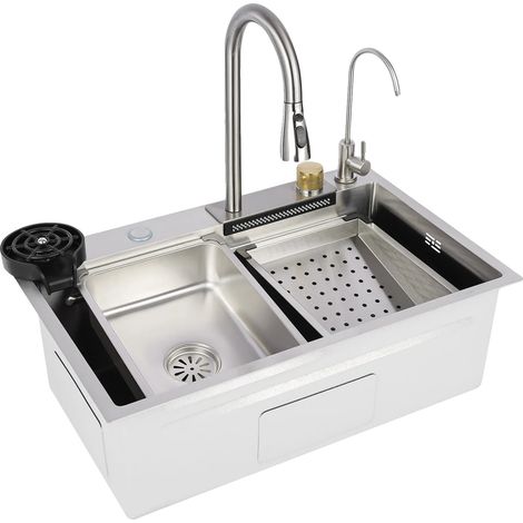 Évier de cuisine, acier inoxydable, robinet détachable, argent (1/2)