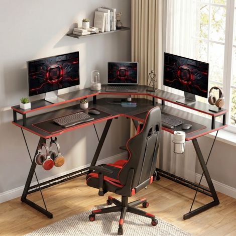 Bureau d’angle informatique en L avec prises, support double écran 128x128 cm, bois métal noir REDOM (1/5)