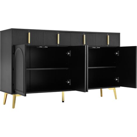 Credenza sideboard nera in MDF con maniglie e gambe dorate, 4 ante e 4 cassetti, 140 x 38 x 82 cm (1/5)