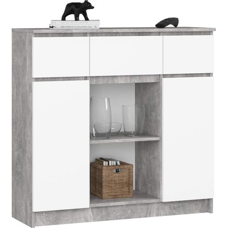 Commode AKORD K100 Béton 101 cm 2 portes 3 tiroirs façade Blanche 6 étagères 101x35x98 cm (1/5)