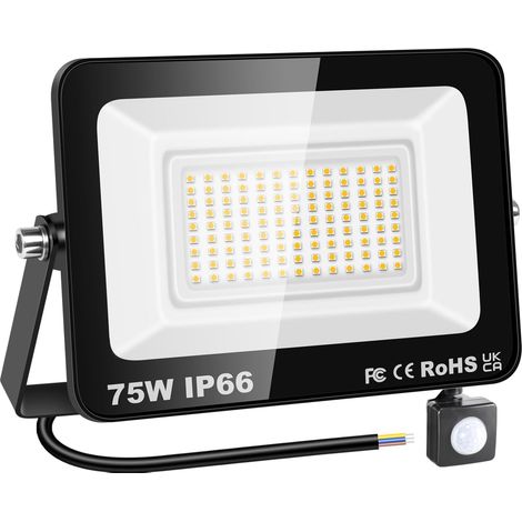 Lampe d'extérieur avec détecteur de mouvement 75W, 7500lm, projecteur LED Lampes d'extérieur 3000K lumière du jour blanc chaud IP66 étanches pour jardin, garage, cour, patio, porche (1/5)