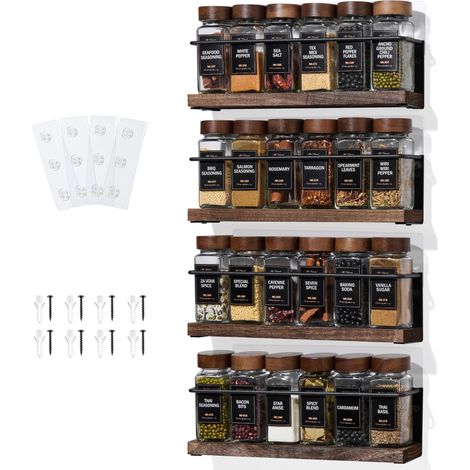 Étagère à épices murale à 4 niveaux - Support à vis/adhésif, rangement à épices en métal noir et bois pour placard de cuisine, garde-manger, 29 x 6,1 x 8,1 cm (L x l x H), pots à épices non (1/5)
