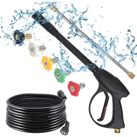 Pistolet de nettoyeur haute pression maximum 40 MPa (5 800 psi) avec kits de tuyaux noirs M22 de 66 cm, connexion rapide de 1/4 pouce, 5 embouts de buse de couleur 0, 15, 25, 40, mode savon. (1/4)