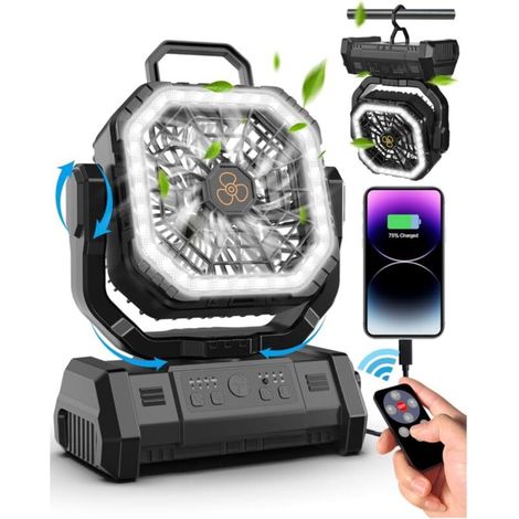 Ventilatore da campeggio, [20000mAh] Ventilatore ricaricabile con luce, rotazione a 270°, ventilatore portatile silenzioso con telecomando, porte Type-C e USB, ideale per campeggio, pesca, emergenze