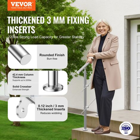Rampe d'Escalier, 80 cm, Main Courante Escalier pour Marches Extérieur Acier Inox, 2 Barres Transversales, Kit d'Installation, Garde Corps Double Colonne pour Personnes Âgées, Porche, Terrasse (1/5)