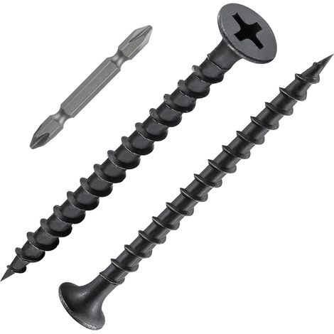 Lot de 200 vis pour construction rapide M4 x 50 mm, phosphatées, filetage grossier, avec embout de vissage, vis pour panneaux d'aggloméré avec tête trompette et entraînement cruciforme, noires (1/5)