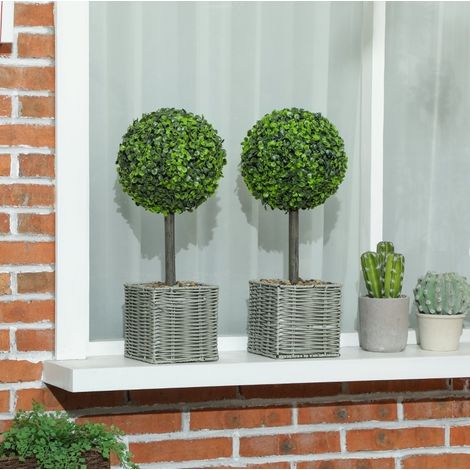 Set di 2 piante artificiali bosso 15x15x15 cm, in vaso intrecciato, con ghiaia decorativa, plastica verde (1/5)