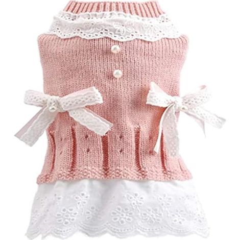 Abrigo para perro, Vestido para hembra con lazo, Invierno cálido rosa y azul, Encaje de princesa, Día de San Valentín, Rosa mediano, Talla XL (1/5)