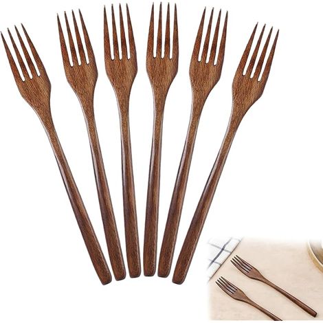 Lot de 6 fourchettes en bois, fourchettes à salade et à pâtes en bois de 22,8 cm de long, pour une utilisation comme vaisselle dans les restaurants privés, les cafés, les mariages et les jours (1/5)