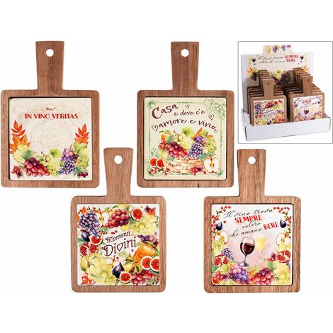 Taglieri in legno e ceramica decorata con fantasia tema vino, adatti al contatto alimentare. In espositore da 12 pezzi, set da 12 pezzi, cm 12 x 18 H
