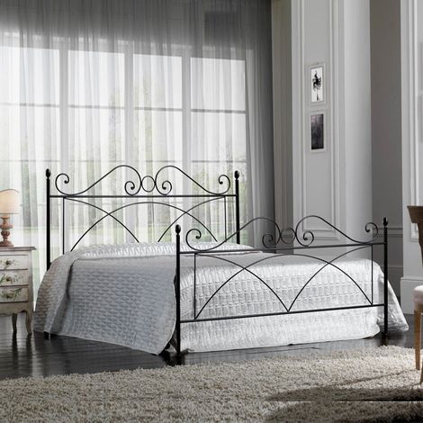 Cama doble de hierro con reposapiés SABRINA Negro 166x208x h128 cm