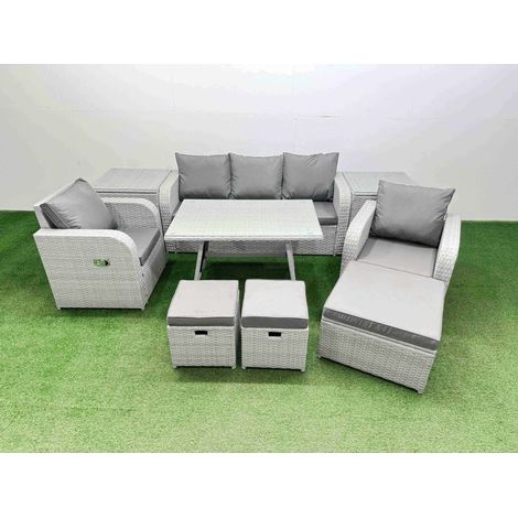 Fimous Reclining Chair 3 Seat Sofa Set Garden Furniture Set with Rectangular Dining Table 2 Side Tables 3 Footstools Light Grey (1/4)
