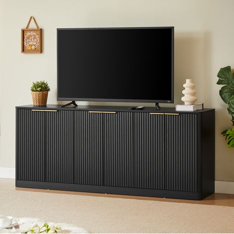 Meuble TV 170 x 40 x 70,5 cm en MDF noir, 6 portes, design ondulé DESVIAE (1/5)