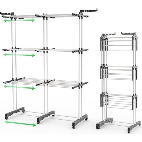 VOUNOT® Wäscheständer Turm Ausziehbar mit Faltbaren Flügeln, 3 Ebenen, 40m Trockenlänge, Weiß