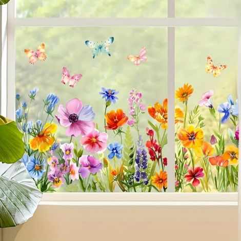 Autocollants extra larges pour fenêtre – 89 x 27 cm – Motif fleurs et papillons pour surfaces en verre, chambre à coucher, salon et balcon (1/5)