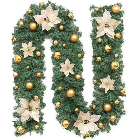 1 pièce Guirlande Sapin Artificiel 2,7 m, branches réaliste avec poinsettias rouges et boules or, pour décoration intérieure et extérieure de Noël