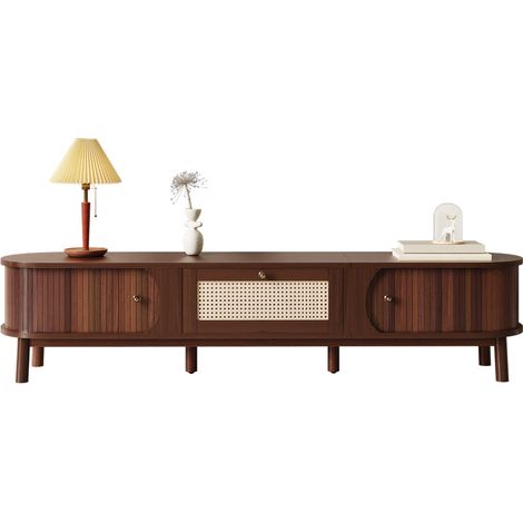 Meuble TV bois naturel portes tiroirs rotin rangement rustique 130x35x45cm