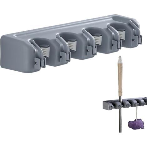 Porte Balais Mural avec Percage Support Accroche Balai Mural avec 4 Emplacements et 5 Crochets Solutions de Rangement Organisateur pour Salle de Bain