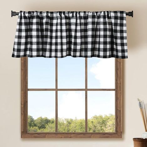 Set di 2 pezzi - Mantovana - 40 × 142 cm - Tende a quadri bianchi e neri - Adatte per soggiorni, arredamento in stile rustico e camere da letto (1/5)