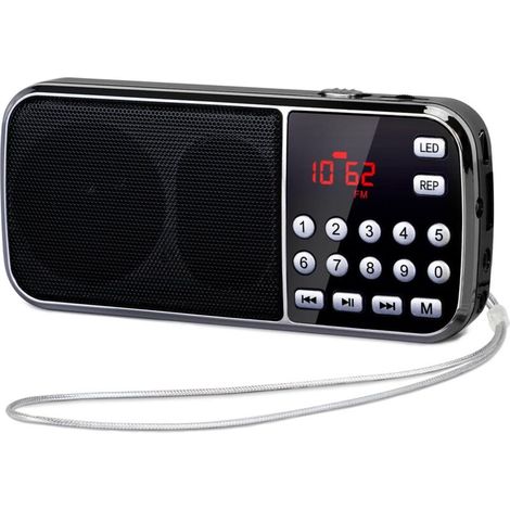 Tragbares Mini-Radio, 3 W, wiederaufladbar, mit 1200-mAh-Akku, FM-Radio, zwei Lautsprechern, LED-Taschenlampe, kompatibel mit MP3/AUX/USB/TF (1/5)