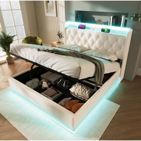 Bett mit Stauraum PU weiß 140x200 cm, LED-Beleuchtung, USB/Typ-C, inklusive Lattenrost (1/5)