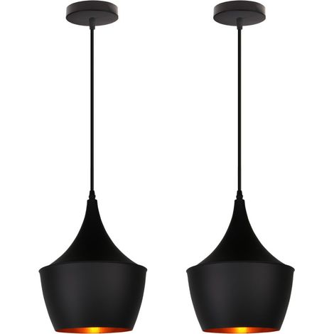 Pendant Lighting Fitting Modern Hanging Ceiling Light Fixtures with Ø22cm Black Lampshade Retro Industrial Metal Musical Instrument Shape Chandelier (2X Black)