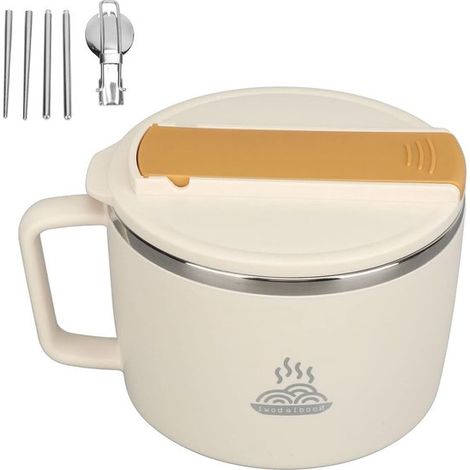 Bol multifuncional para cocinar ramen de 1200 ml, acero inoxidable 304, ABS, ranura para teléfono, palillos, tenedor, para oficina (beige). (1/5)