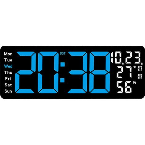 Horloge murale numérique LED moderne avec télécommande, variation automatique de luminosité et alarme. Affiche la date, la température et le jour de la semaine. Convient à la décoration intérieure. Bl (1/5)