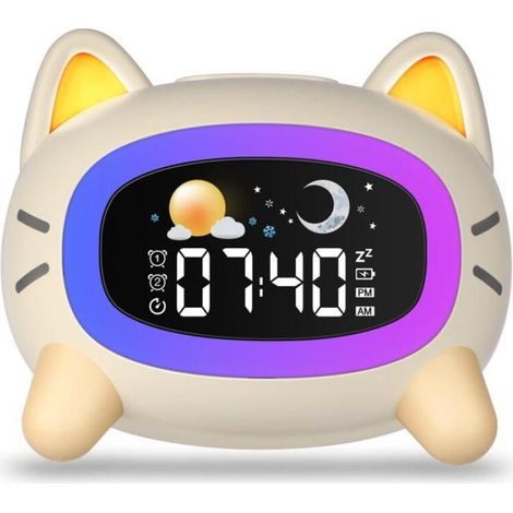 Réveil pour enfants avec 4 niveaux de luminosité et son, 5 veilleuses, rechargeable, pour s'entraîner au sommeil et dormir