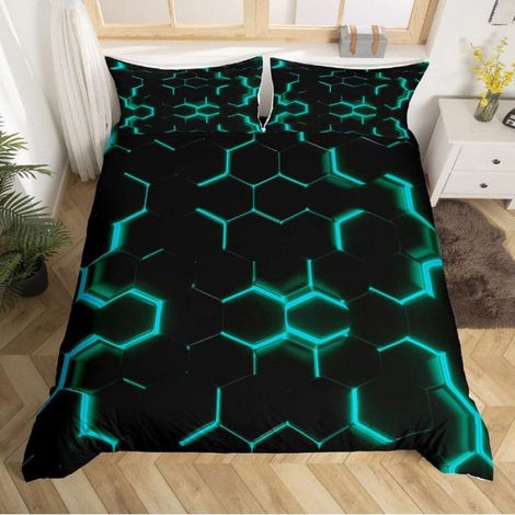 Housse De Couette - 140x200cm - Imprimée Hexagonale - Nid Dabeille Géométrique - Cyan Et Noir - 1 Pièce (1/5)