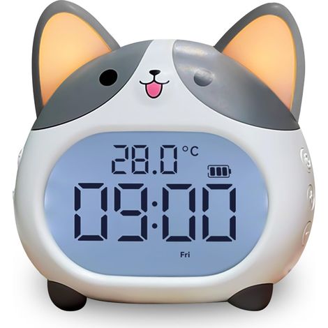 Réveil pour enfants – Horloge en forme de chien mignon avec veilleuse, 6 tonalités d'alarme, répétition, minuterie, affichage de la date et de la température – Horloges numériques à piles